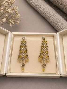 Gold-Tone Yellow Crystal Chandelier Earrings - Women Jewelry